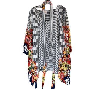 Women's Lillian Blue Stripe Floral Kimono Batwing Belted Blouse OS